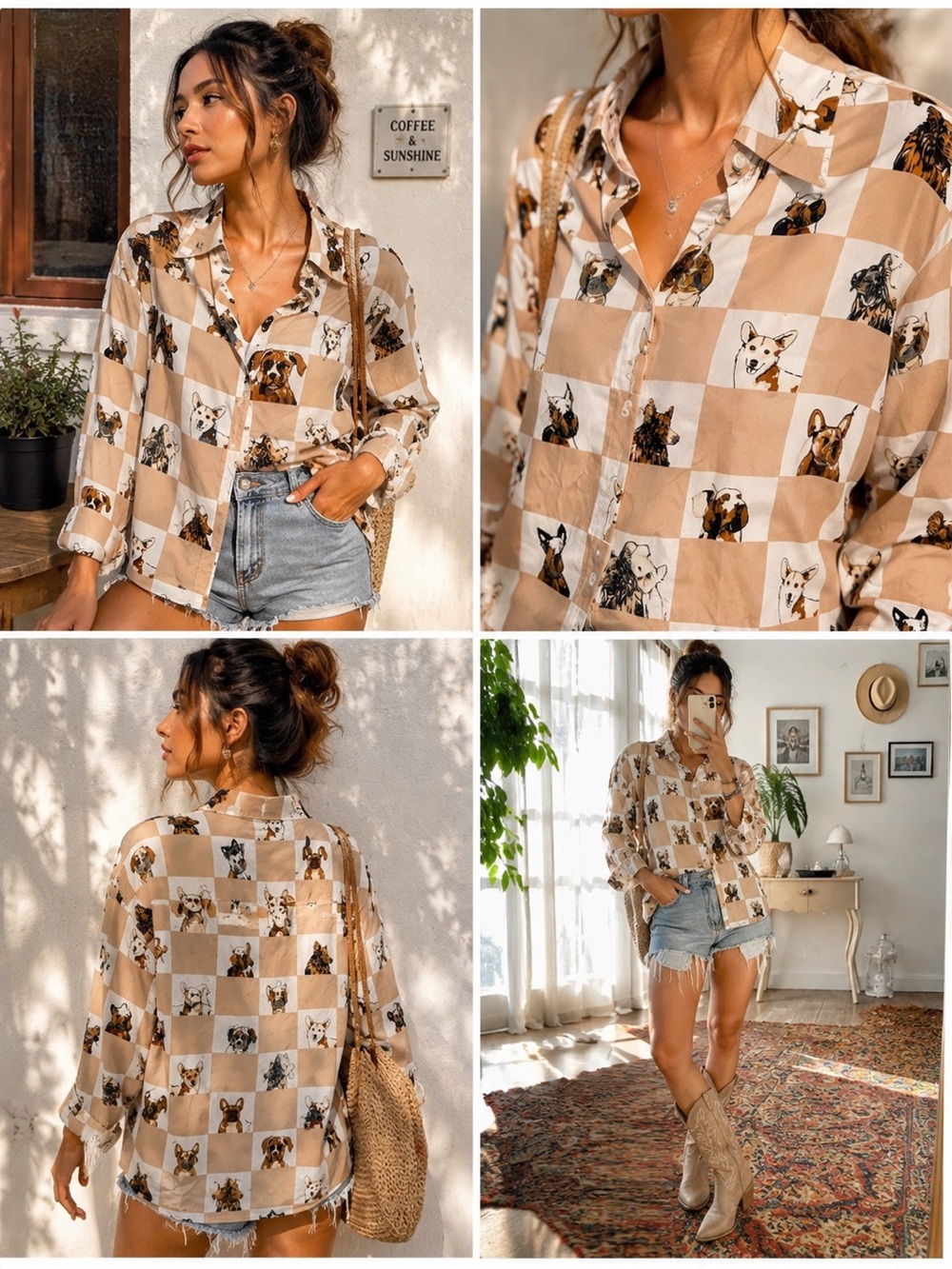 Jane + Delancey Dog Print Button Front Shirt Small Beige Novelty Collared Top